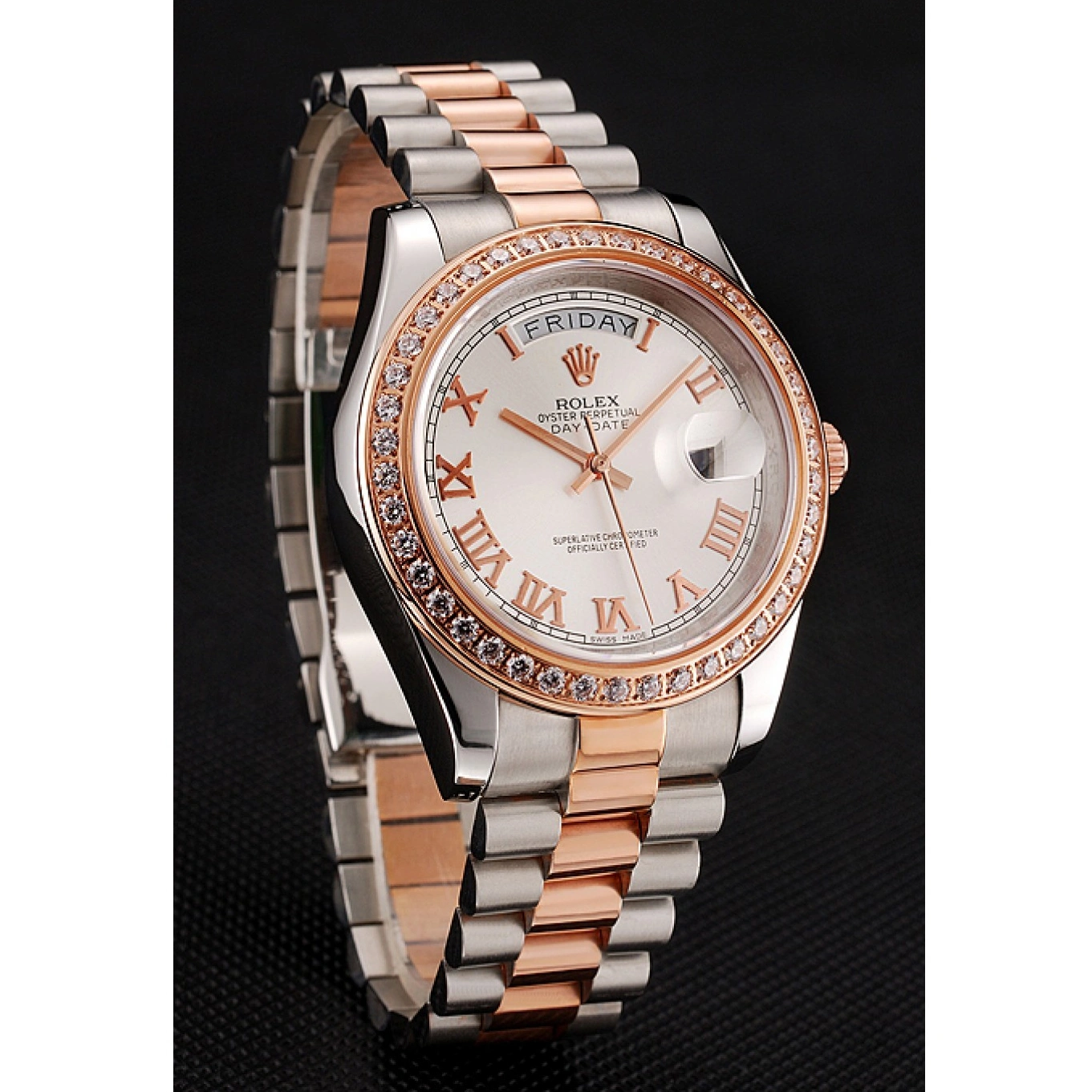 Rolex copies cheap Staineless Bracelet Rolex Dial Swiss Gold 1454108 Day-Date Diamonds White Rose Bezel And Steel 1015